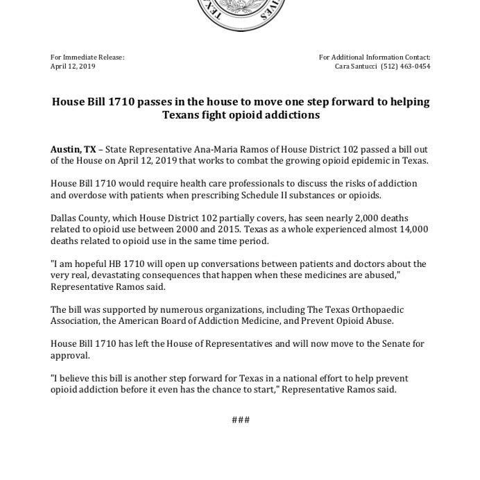 Ramos4Texas's tweet photo. On Friday, the #FirstBill I authored - HB 1710 - passed UNANIMOUSLY.
#HB1710 requires doctors to have a discussion before prescribing any #opioid about the possibilities of addiction, overdose & adverse reactions when combined with other medications. #OnToTheSenate #OpiodCrisis https://t.co/WxdJdIrwUH