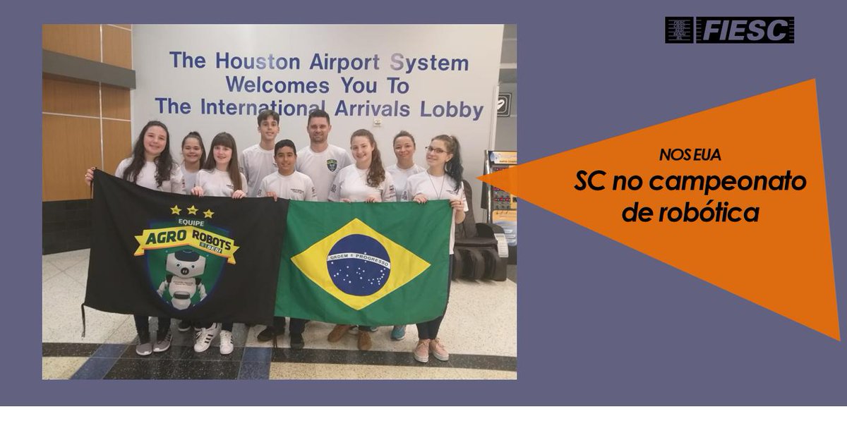 FIESC's tweet photo. Comitiva do @SESIsc de Concórdia chegou, há pouco, em Houston, nos EUA. Equipe representa o Brasil em campeonato mundial de robótica. Time do @SESIsc de Blumenau também está na disputa. Saiba mais: https://t.co/kY6dkaMnmn 🤖#robóticasesisc #sesisc https://t.co/JpGOKBLI4s