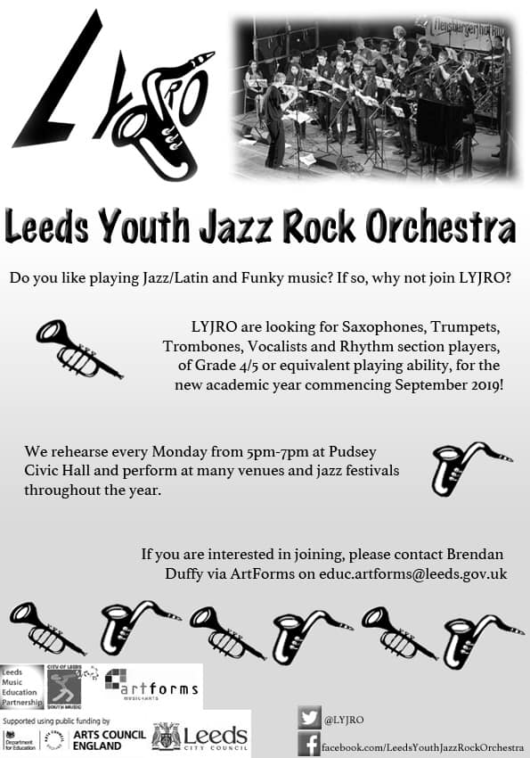 musicleeds's tweet photo. Leeds Youth Jazz Rock Orchestra (@LYJRO) are looking for new musicians to join - with rehearsals on Mondays at Pudsey Civic Hall @ArtFormsLeeds

Check out the flyer for more information, and contact educ.artforms@leeds.gov.uk for more information https://t.co/oGpJvZkSzn