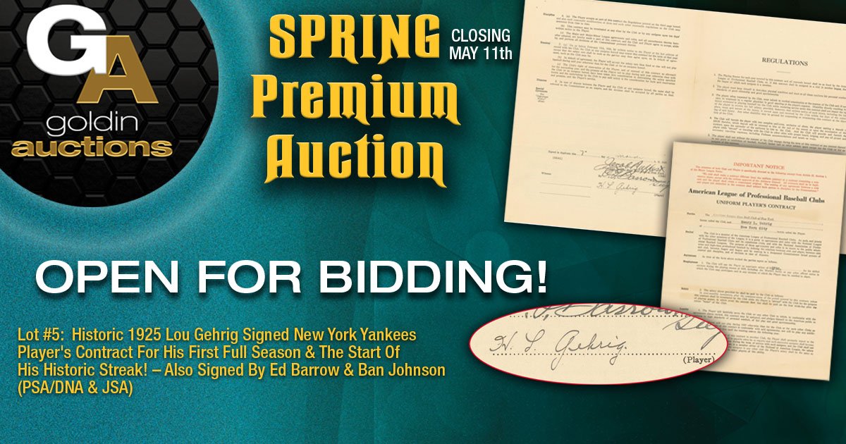 1925 contract signed by @baseballhall #LouGehrig for the 1925 @MLB season with @Yankees. Start of historic streak. Also signed by Ed Barrow & Ban Johnson. @PSAcard & @JSALOA Authenticated https://goldinauctions.com/Historic_1925_Lou_Gehrig_Signed_New_York_Yankees_P-LOT50023.aspx …