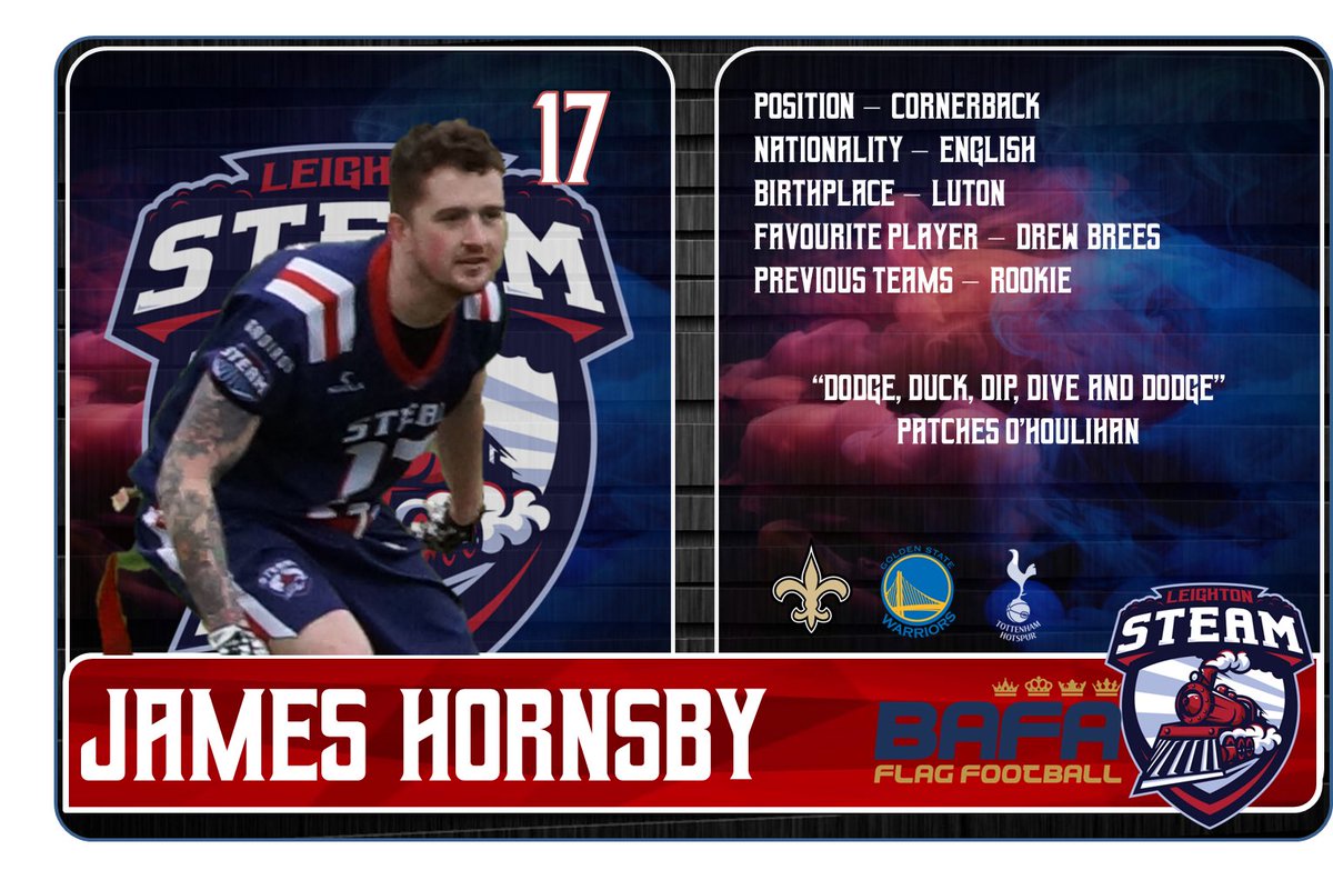 SteamFlag's tweet photo. This time it’s @jameshornsbyjh who joined us a rookie! A keen soccer player who has taken to flag like a natural! A quiet guy off the field who makes his presence known on it! Great hands at DB and pace makes him a weapon!
#teamsteam #crazytrain #letsgetsteaming #leightonbuzzard https://t.co/pyH2GzSFpX