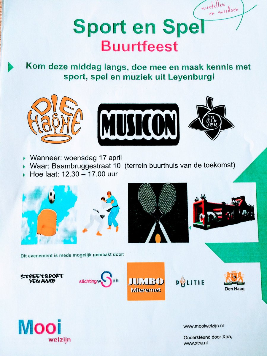Kom morgen middag allemaal langs bij het buurtfeest in Leyenburg.  gratis sportclinics, muziek, hapjes, fruit, water, luchtkussens, stormbanen en ADO Den Haag - Excelsior kaarten. Ook komen er ADO Den Haag spelers langs deze middag. @MLeyenburg <a href="/FdaniMooi/">Samira Fdani Wijkz</a> <a href="/St1Sport/">StreetSport</a> @XtraWelzijn