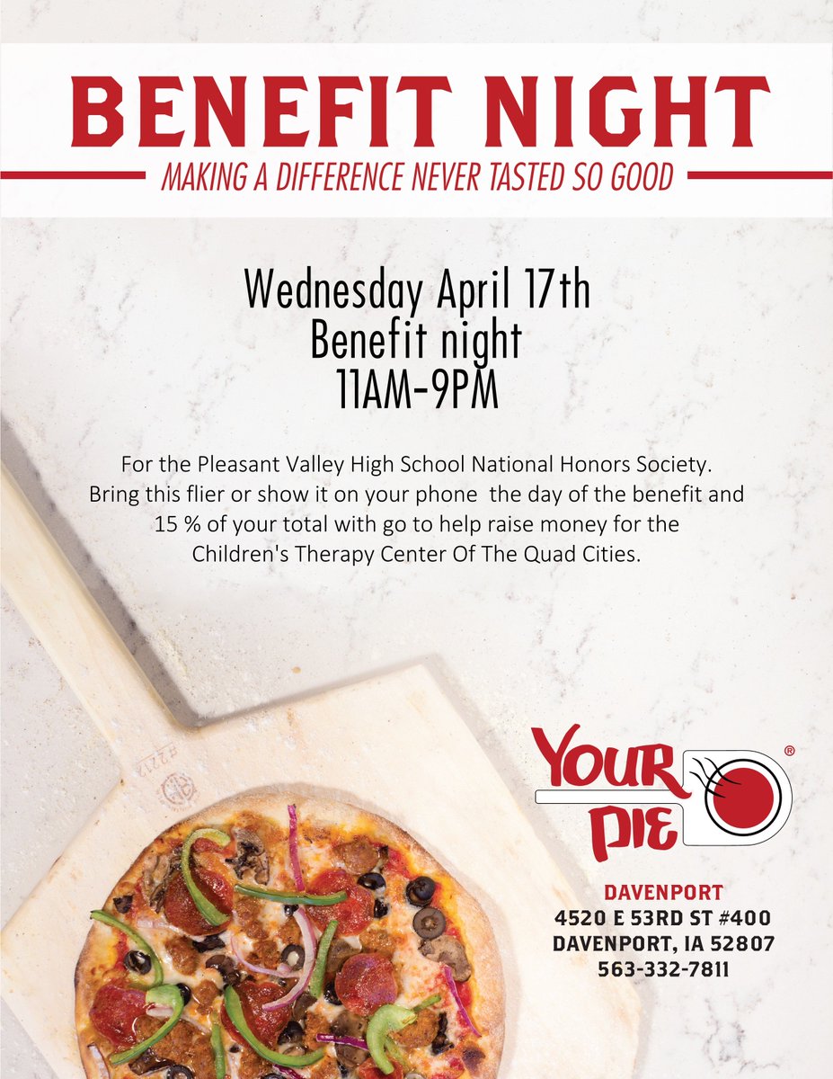 YOUR PIE Fundraiser tomorrow, Wednesday! Show this flyer and 15% of your total will be donated to NHS for the Children's Therapy Center. Please RT.