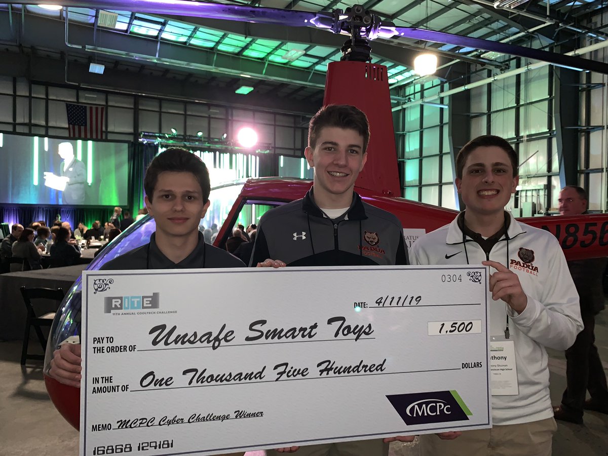 Congrats to sophomores Jay Skrab, Daniel Obloj &amp; Anthony Shuman for winning the CoolTech CyberSecurity Challenge – by building a website that listed toys, recommended security settings and other things parents and children need to understand about electronic toys.