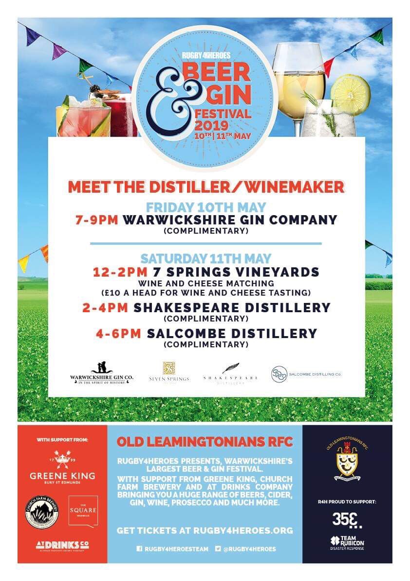 Delighted to announce the line up for our “Meet the Distiller/Winemaker” tastings at the @Rugby4Heroes Beer and Gin Festival. With @warwickshiregin @shakedistillery @SalcombeGin @7SpringsWine @slurpleam @SlurpWine #ginfestival #winetasting #cheeseandwine