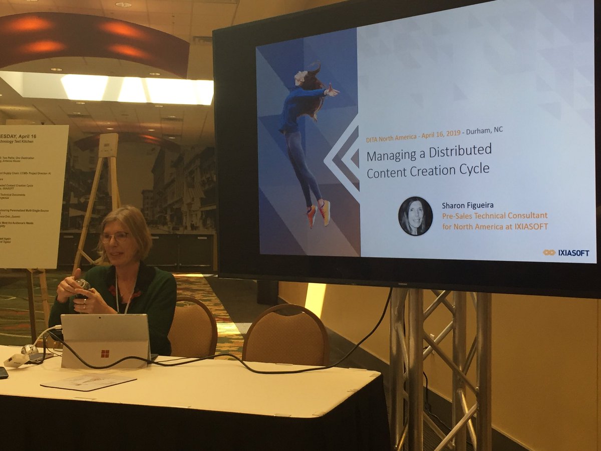 KeithIXIASOFT's tweet photo. Sharon Figueira from @IXIASOFT about to start her demo at the “test kitchen” at #cmsconference here in Durham, NC #techcomm #DITAxml #ccms https://t.co/4mfhsnUsJ9