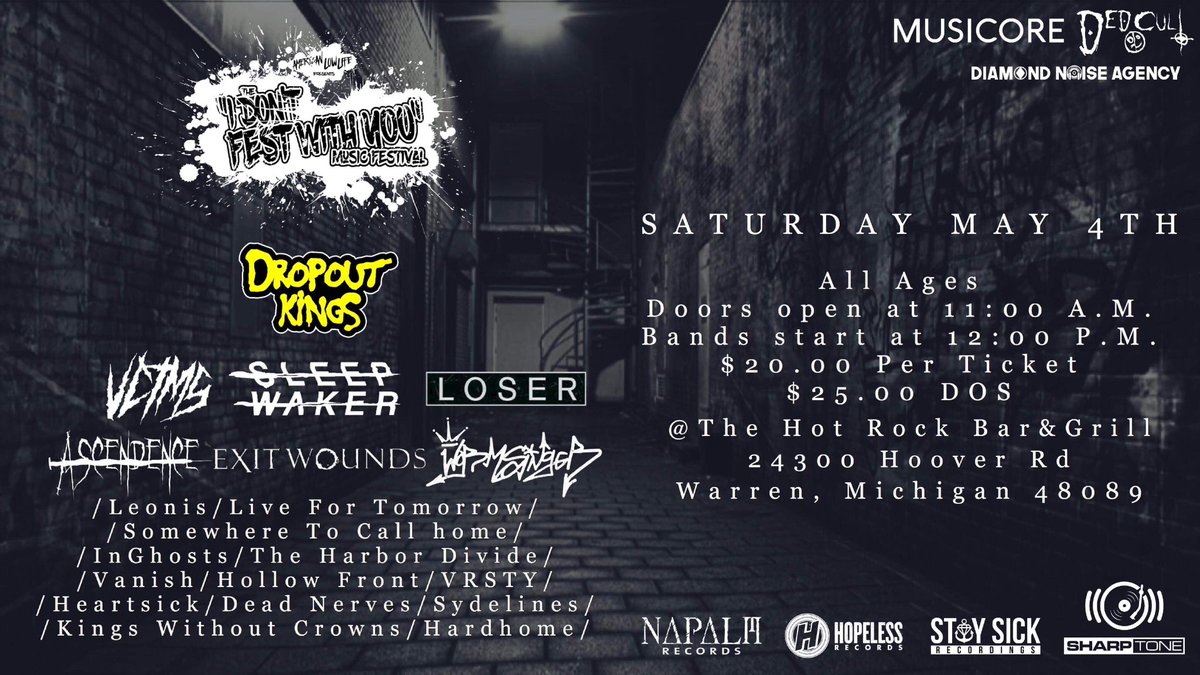 IDFWYMusicFest's tweet photo. @DropoutKingsAZ @VCTMSIL @vrsty_nyc @exitwoundsband @sleepwakerband @LoserMIOfficial @StaySickRecords @swtchofficialNY @InGhostsBand @Wormsinger @AscendenceMI @sharptonerecs @vanishband @HollowFrontGR @heartsickband https://t.co/CpaiYNtTv3