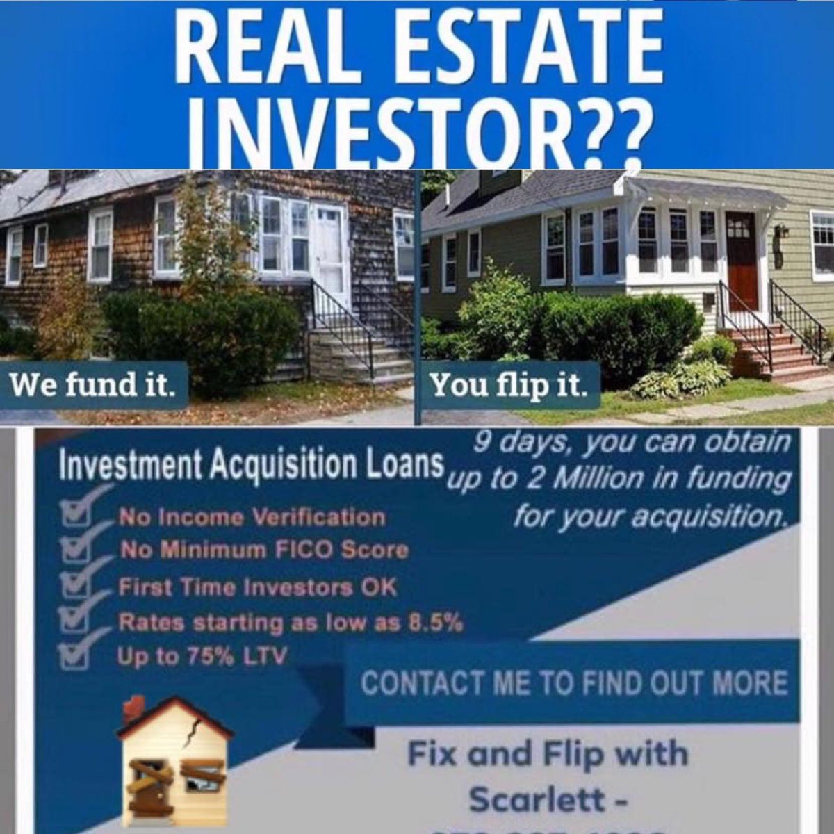 Scarlettyaris's tweet photo. 🔵OPEN DOORS CAPITAL FUNDING🔵 

****WE FUND IT YOU FLIP IT **** 

✔️FIRST TIME INVESTORS OK 
✔️NO INCOME VERIFICATION 
✔️NO ASSET VERIFICATION 
✔️NO CREDIT CHECK 
Contact us - 978-387-4096
#flipwithscarlett #flippinghouses #investment #fixandflip #Boston #MA #RI #nh https://t.co/EmouQPZcQQ
