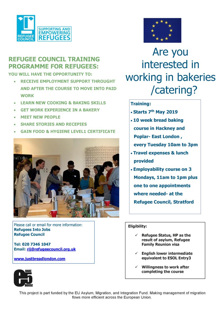 Change of date!

Hi everyone, we'd like to inform you that the next Just Bread training course will now start a week later on 7th May.

We are also still open for referrals - so please contact us on rij<a href="/refugeecouncil/">Refugee Council 🧡</a>.org.uk

@refugeecouncil <a href="/e5bakehouse/">E5 Bakehouse</a>