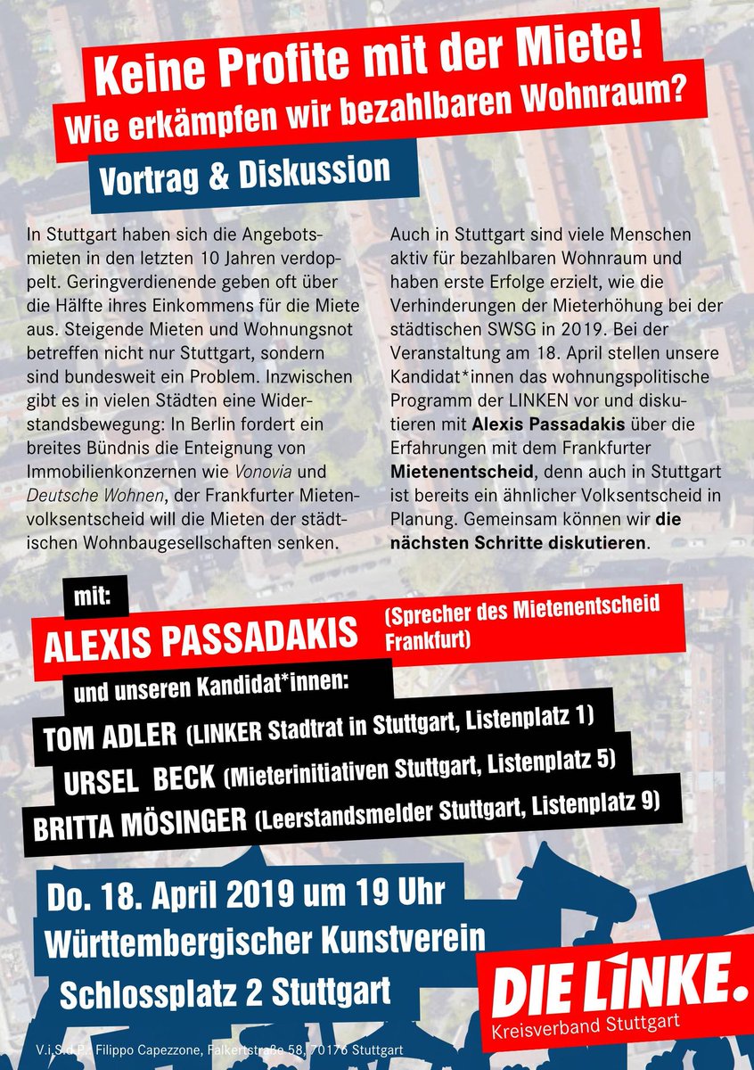 Tom_Salomo's tweet photo. Am 18. April stellen unsere Kandidat*innen das wohnungspolitische Programm der #LINKEN vor und diskutieren mit #AlexisPassadakis über die Erfahrungen mit dem Frankfurter #Mietenentscheid, denn auch in #Stuttgart ist bereits ein ähnlicher Volksentscheid in Planung #druckimkessel https://t.co/dA24pekfq6