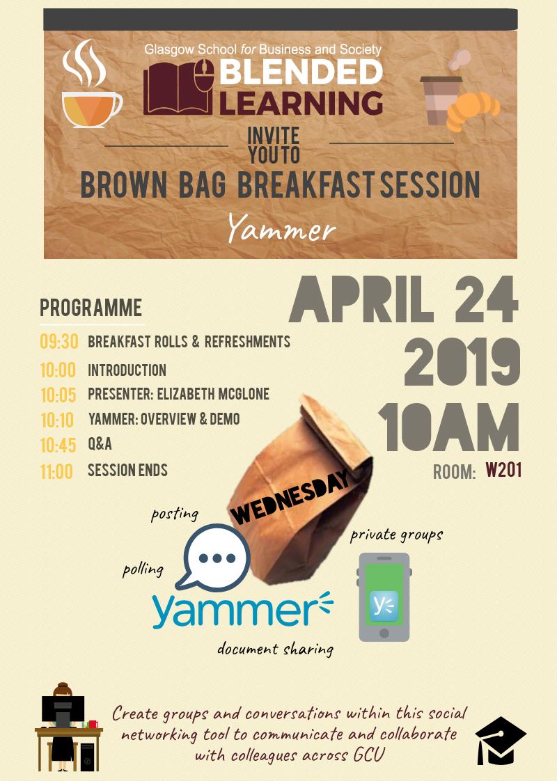 GSBSlearntech's tweet image. Don&apos;t miss the next @GCU_GSBS Brown Bag Breakfast Session on the using the organisational social media tool @Yammer.  Ever felt like you would like the ease and aesthetics of using social media in work but not on public platform? Learn about Yammer at #GSBSBBS
