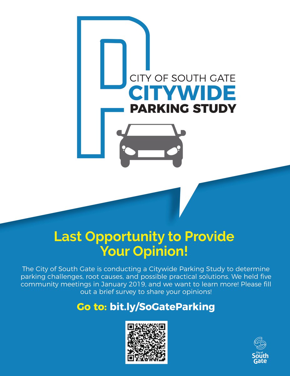 SouthGateCAgov's tweet photo. Reminder: Help us improve parking in our city. Please take our brief online survey by April 30. https://t.co/pZOlHu0WD4 #sogate #parking #giveinput https://t.co/5IODOTIGwc