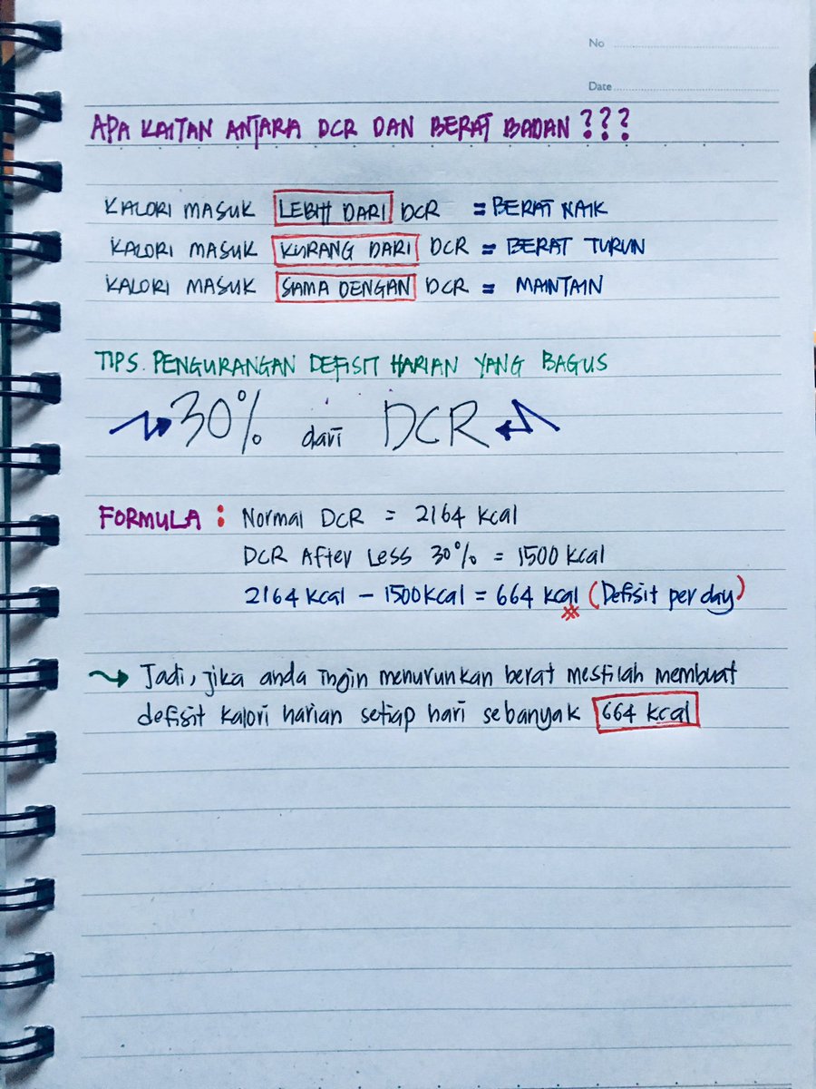 ayennnsb's tweet photo. Sambungan kisah DCR dan BMR haritu, contoh pengiraan defisit kalori untuk salah seorang bebudak ni.Anyone yang mengamalkan balanced diet atau diet relax2 cool2 boleh guna formula ni.Boleh nak increase % defisit tu,takut nanti jadi crash/yoyo diet 😝 https://t.co/oZyy3Y00hd