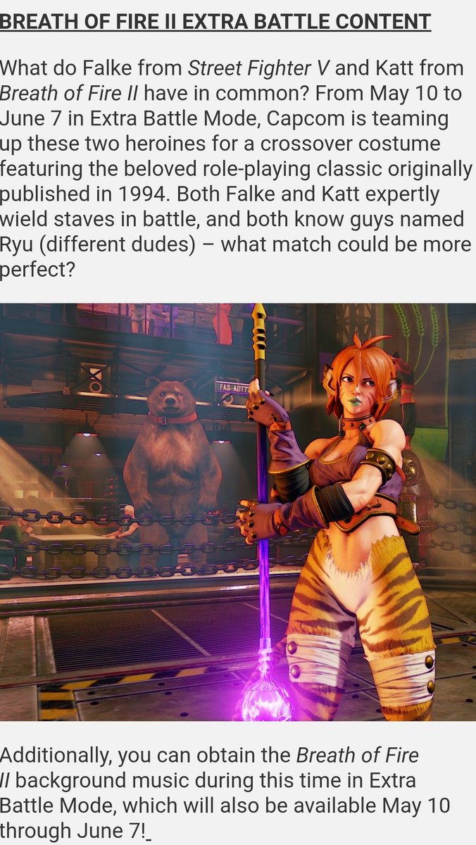 BreathofFire_'s tweet photo. NEWS: @CapcomUSA_ is bringing a Katt / Rinpoo costume for Falke to Street Fighter V on PS4 &amp; Steam, along with Breath of Fire II music! 😱😱

The costume can be unlocked via EX Battle Mode from May 10 to June 7, 2019!

https://t.co/zMVo7XxP2z

#BreathofFire #BoF2 #StreetFighterV https://t.co/RcQx5g0Lgo
