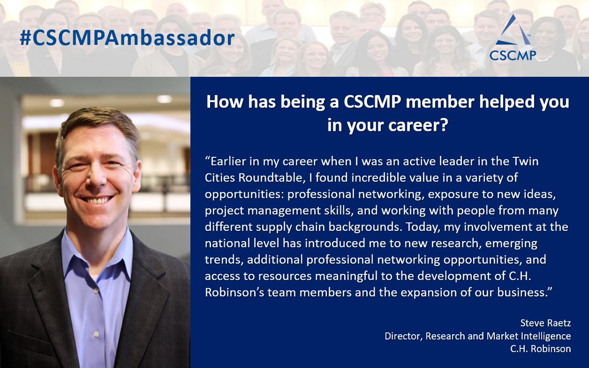 cscmp's tweet image. Meet #CSCMPAmbassador Steve Raetz of @CHRobinson. Discover how being a #CSCMPMember has helped him continue to achieve throughout his #supplychain career

You can also join #CSCMP and enhance your career and supply chain network today bit.ly/2vrDCWT