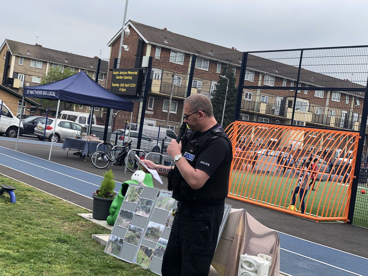Speeches from members of the community and Austins family unveil a bench in memory of Austin... <a href="/CCLeicsPolice/">Simon Cole</a> @LPStMatthews #stmatthews #community #leicester