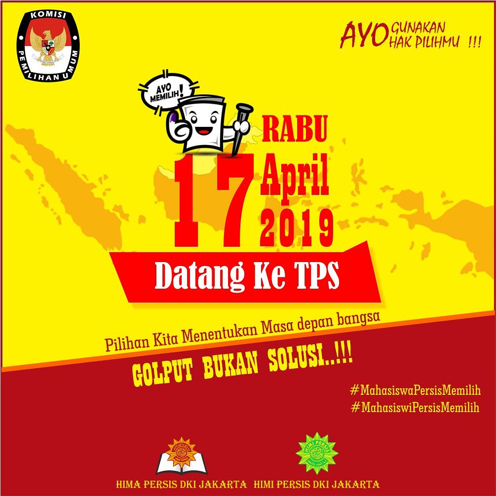 Ayo Gunakan Hak Pilihmu
Rabu, 17 April 2019
Datang Ke TPS..
Pilihan kita menentukan Masa depan Bangsa,
Golput Bukan Solusi..!!!
--
#MahasiswaPersisMemilih #MahasiswiPersisMemilih #pemilu2019 #Pilpres2019 #pileg2019 #himapersis #dkijakarta