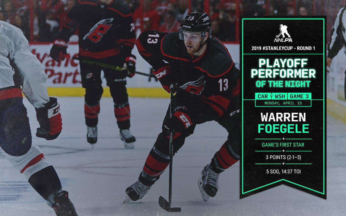 NHLPA's tweet photo. With 2 goals as part of a trio of points, @FoegDaddy96 earned our Playoff Performer of the Night as the 3rd rookie in @NHLCanes history to post 3 or more points in a postseason game. More on the club's 1st home #StanleyCup Playoffs game in a decade: https://t.co/9JgyizQLoM https://t.co/hvn9GoZnyi