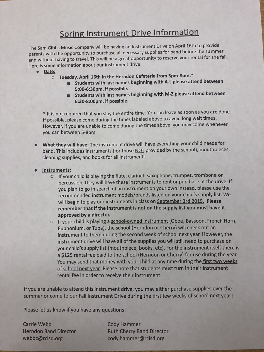 5th grade parents!!  Instrument drive is tonight at Herndon.  Come by and set up your instrument rental for next year.  Hope to see you tonight! 🎶🙂