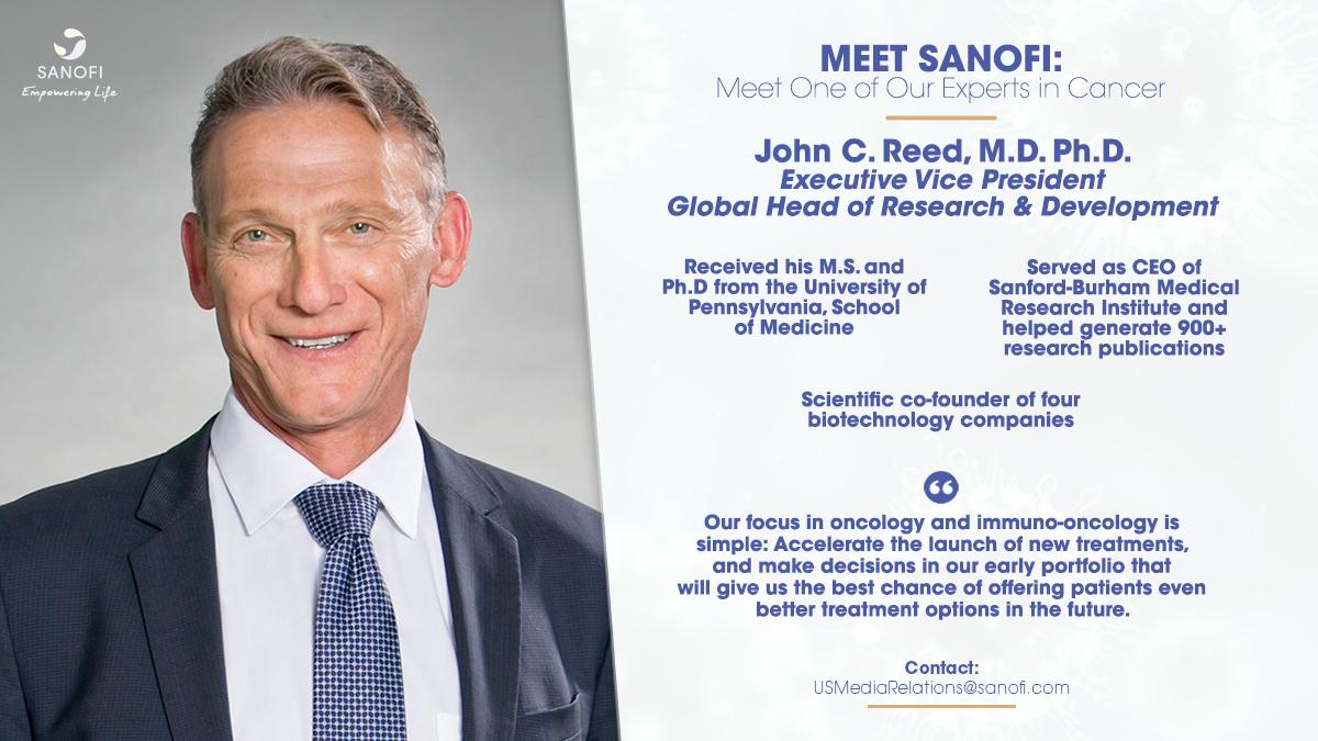 SanofiUS's tweet photo. From an undergrad degree in chemistry to launching 4 #biotech companies, John Reed, #Sanofi’s Global Head of R&D, has had an extensive career grounded in science. John speaks more about our approach to #oncology research during today’s #BOSCancerSummit. #MeetSanofiExperts https://t.co/XNdxdThExw