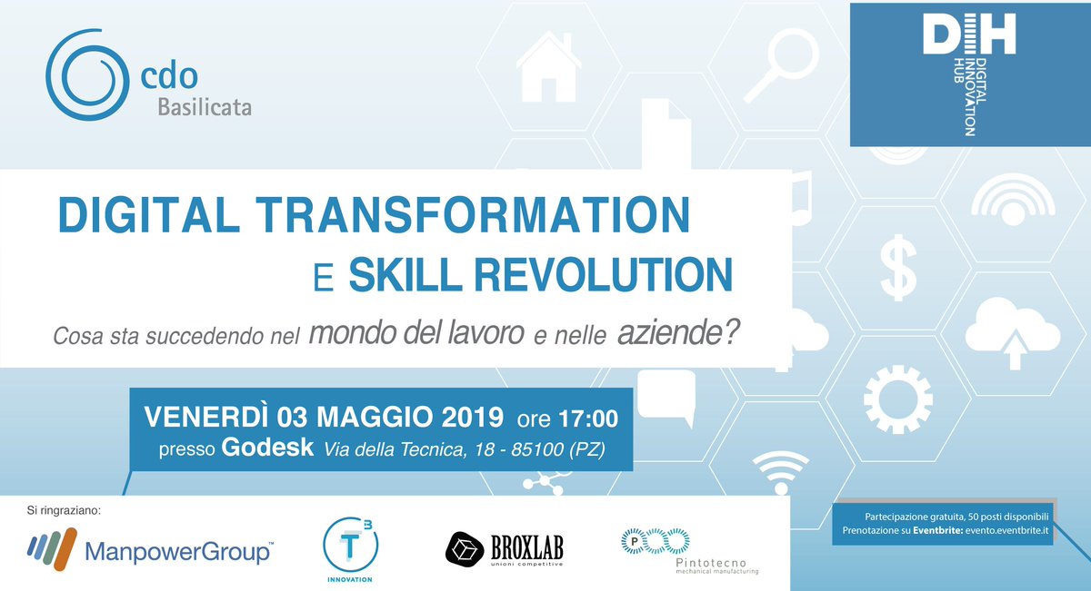 cdobasilicata's tweet photo. Cosa sta succedendo nel mondo del lavoro e nelle aziende ?

E' solo un problema di digitalizzazione o è necessario ripensare l'azienda ed attuare una digital trasformation?

Ne parlemo in un incontro dedicato con il consueto nostro metodo del trasferimento delle esperienza. https://t.co/OEyT2aUtIC