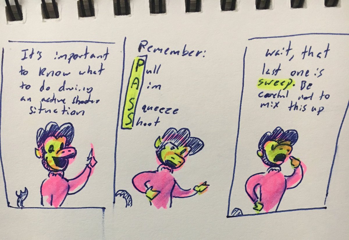 JeanUcil's tweet photo. Had to watch a bunch of PSA type stuff for work. Remember in case of active shooter: Pull, Aim, Squeeze,Sweep. I might be mixing up some of the videos...
#comic #doodle #psa #funny #worksafety #ucil https://t.co/Pkgoekq4Eb