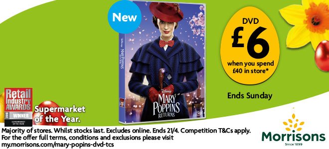 Morrisons's tweet photo. This week at Morrisons we have a deal on the #new #MaryPoppins DVD. We are also giving 5 lucky winners the chance to win the DVD. For your chance to win simply tell us your favourite song from the film using #MaryPoppinsWin
https://t.co/Yg8Ks2293E https://t.co/QDiLmrqdGq