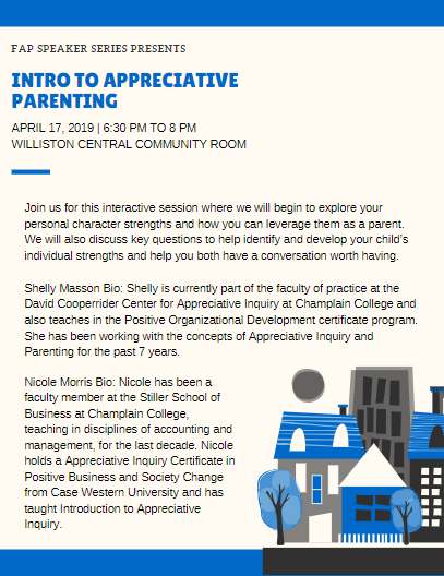 DLCCenterforAI's tweet photo. Do not forget to come to this wonderful Intro to Appreciative Parenting Workshop happening TOMORROW! #AppreciativeInquiry #Parenting #Burlington https://t.co/h595wK1uJ3
