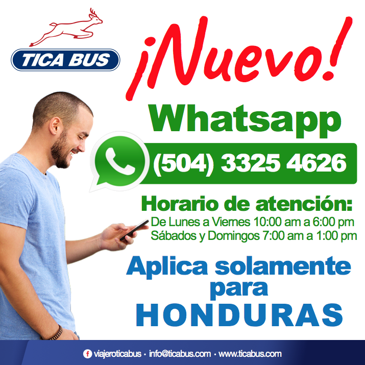 ViajeroTicaBus's tweet photo. Nuevo servicio para consultas en Honduras
#Whatsapp
#TicaBus https://t.co/f1lLmCiVnH