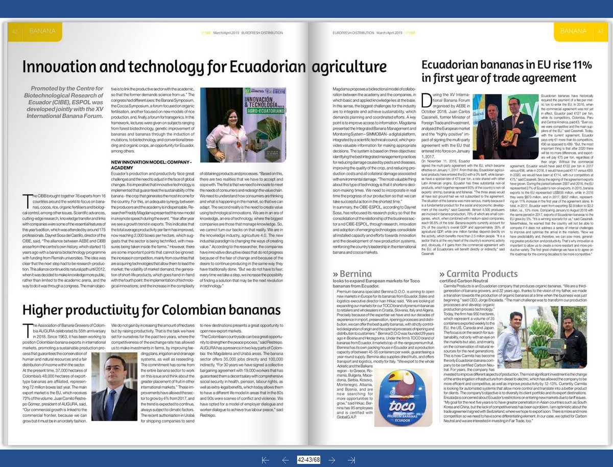 CIBB_CIBE's tweet photo. Editorial dedicado al #CIBB2018 es publicado en reporte BANANA (páginas 42-43) del Nº160 correspondiente al periodo Marzo-Abril de Eurofresh Distribution @EUROFRESHD Revisa este y otros artículos de la revista en: https://t.co/4Pf3d2xA1D https://t.co/UHJxEDuASA