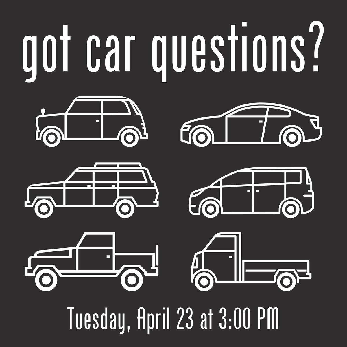 Talk with the experts on best practices for car safety and maintenance! Take the opportunity to ask questions and learn the tricks of the car maintenance trade as we all prepare for summer!