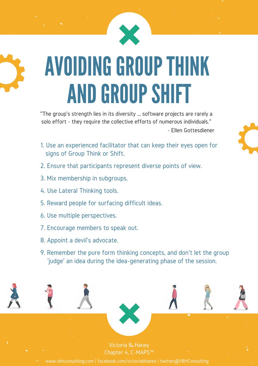 VBHConsulting's tweet photo. Both group think and group shift will impact the outcomes from the meeting and it's easy to fall prey to either of these without realizing it. Here are a few #tips to avoid group think and group shift. #TopicTuesday #Facilitation #ProjectManagement https://t.co/r6xwhw9Wyq