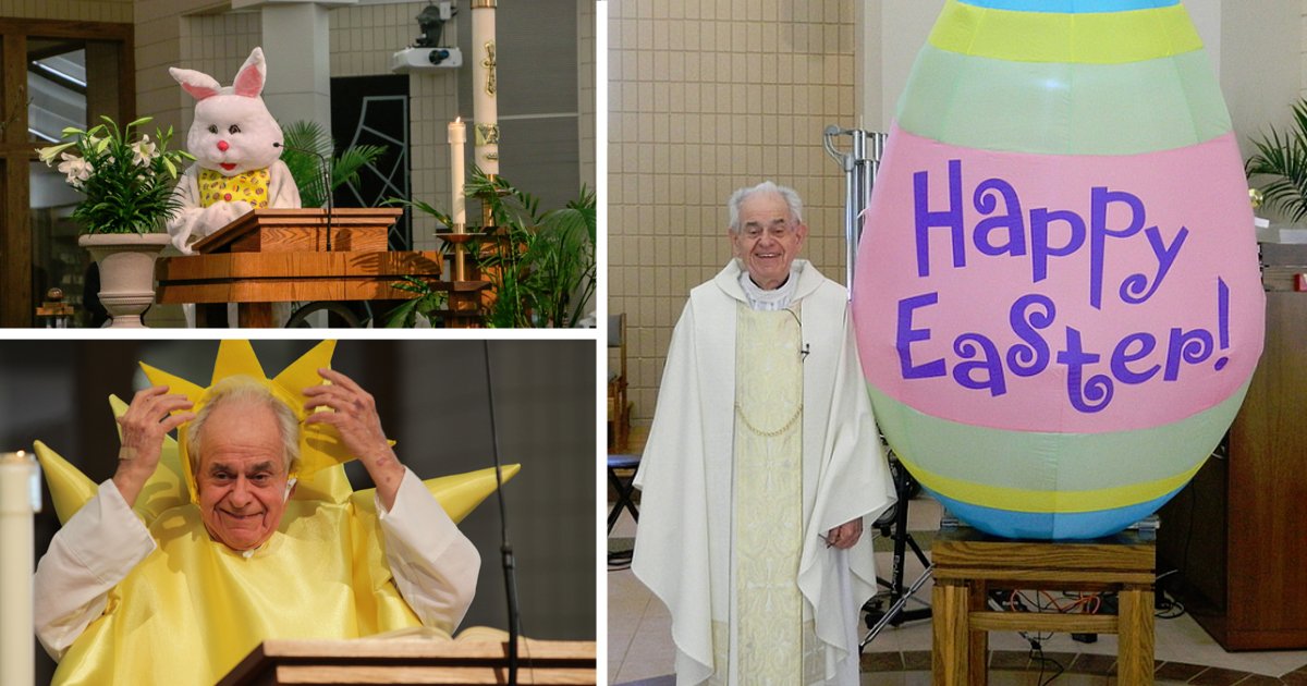 StElizAnnSeton's tweet photo. Each year, Father Joe uses a visual aid to help illustrate his Easter Homily. We had the Sun who always shines, the Resurrection Bunny, and types of Easter Eggs. Do you have early insights on what you believe the visual aid will be this year? #Easter #GrowingInTheLord #FrJoe https://t.co/2a0z2aC7ND