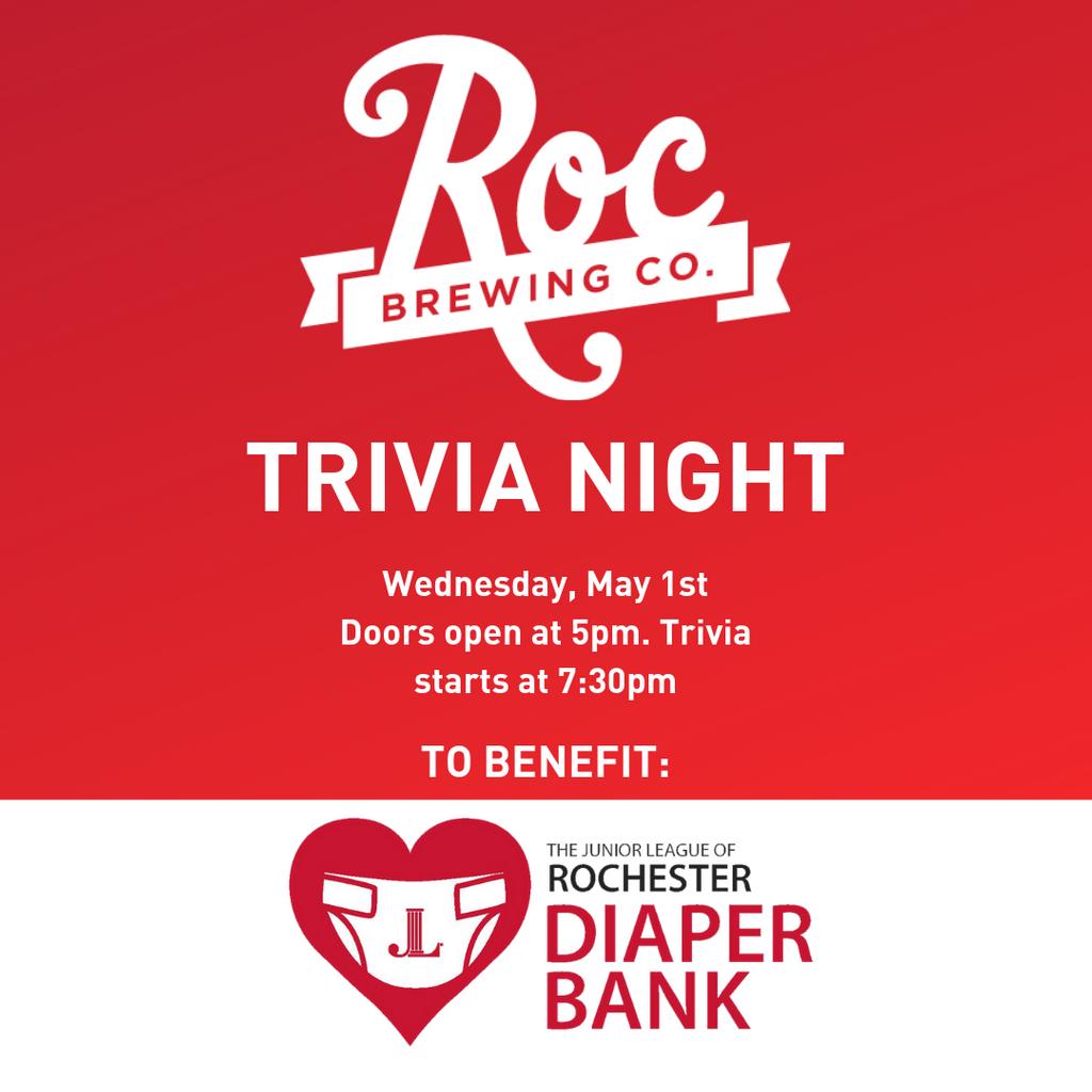 JrLeagueRoch's tweet photo. Join our AP Provisional Class for Trivia Night, to help benefit the JLR Diaper Bank. 
Roc Brewing will be rebranding a beer for the night, and $1 of all purchases of this beer with be donated to the Diaper Bank. Doors open at 5pm, and trivia will begin at 7:30pm. https://t.co/nnktpRjm2R