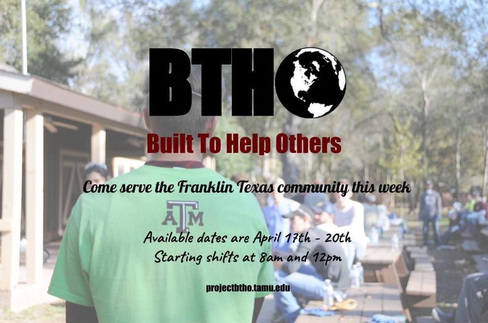 tamubtho's tweet photo. BTHO is sending volunteers to the areas affected by the Franklin Tornado. Volunteering will be held from April 17th-20th from 8am-5pm. Shifts will start at 8am and 12pm for training purposes.

To sign up visit https://t.co/aR6Mhbbfs3, message us, or email bthoharvey@gmail.com https://t.co/kcrXXkgJuY