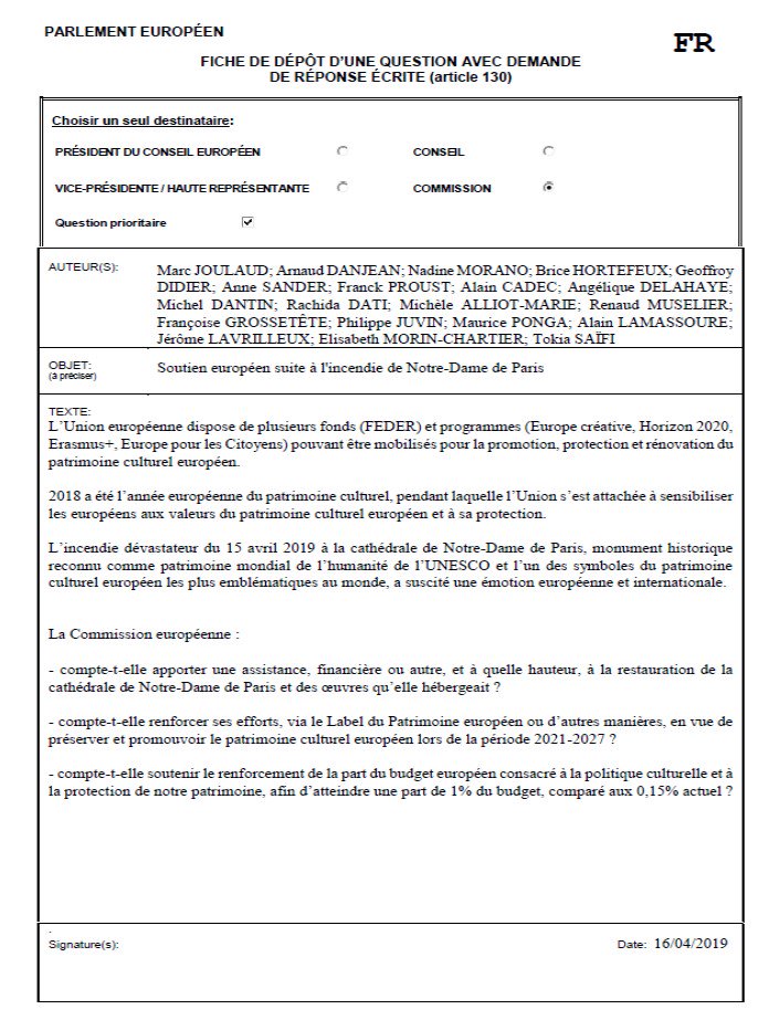 MarcJoulaud's tweet image. Suite à l'incendie dramatique de #NotreDame, j'ai saisi la Commission européenne au nom de la délégation @PPE_FR pour connaître la nature et la hauteur exacte du soutien que l'Europe apportera à la reconstruction de cet emblème du patrimoine culturel européen. #NotreDameDeParis