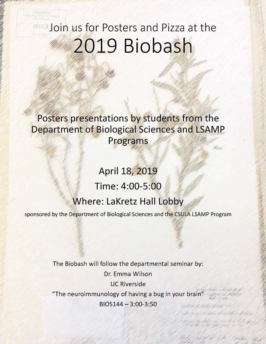 Following our spring seminar series talk this Thursday (4/18/19) will be our 2019 Biobash! Join us for poster presentations from the Department of Biological Sciences and LSAMP Programs. See attached flyer for details!