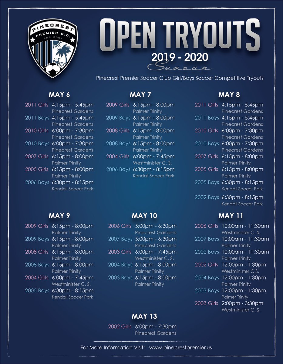 Here is our updated schedule for 2019-2020 tryouts. #pinecrestpremier #pinecrestpride #ppsc