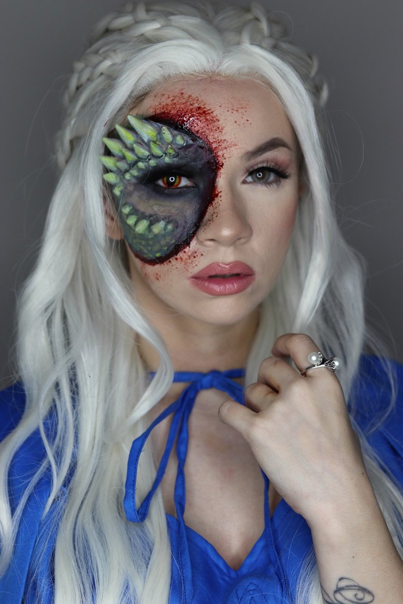 WhitingRachael's tweet photo. Game of thrones :) hope you like I took inspiration from the incredible @simplesymphony_ π #GamefThrones #gameofthronesmakeup #motherofdragons #makeupbyme #mua #prosthetic https://t.co/gGhRu8ZA6V