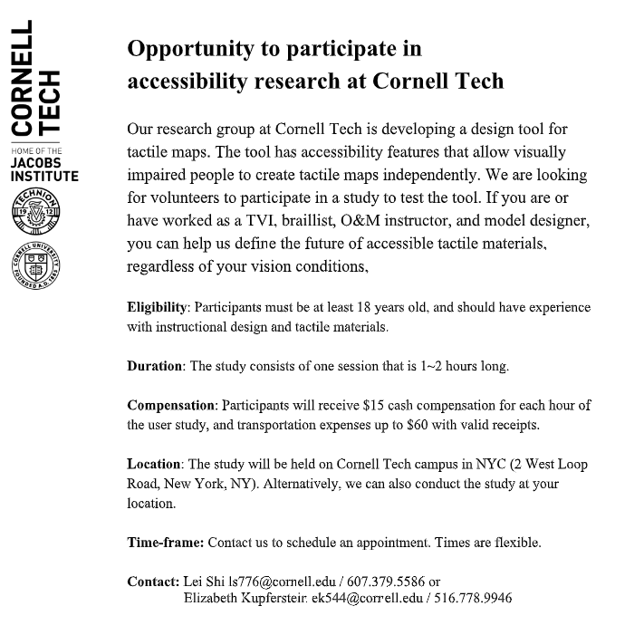 ccvip's tweet photo. Cornell Tech is looking for volunteers who are or have worked as a TVI, braillist, O&amp;M instructor. 1-2 hours during April $15 cash for each hour and transportation expenses up to $60 Lei Shi ls776@cornell.edu / 607.379.5586 or Elizabeth Kupferstein  516.778.9946 https://t.co/p8cKz8GuHi