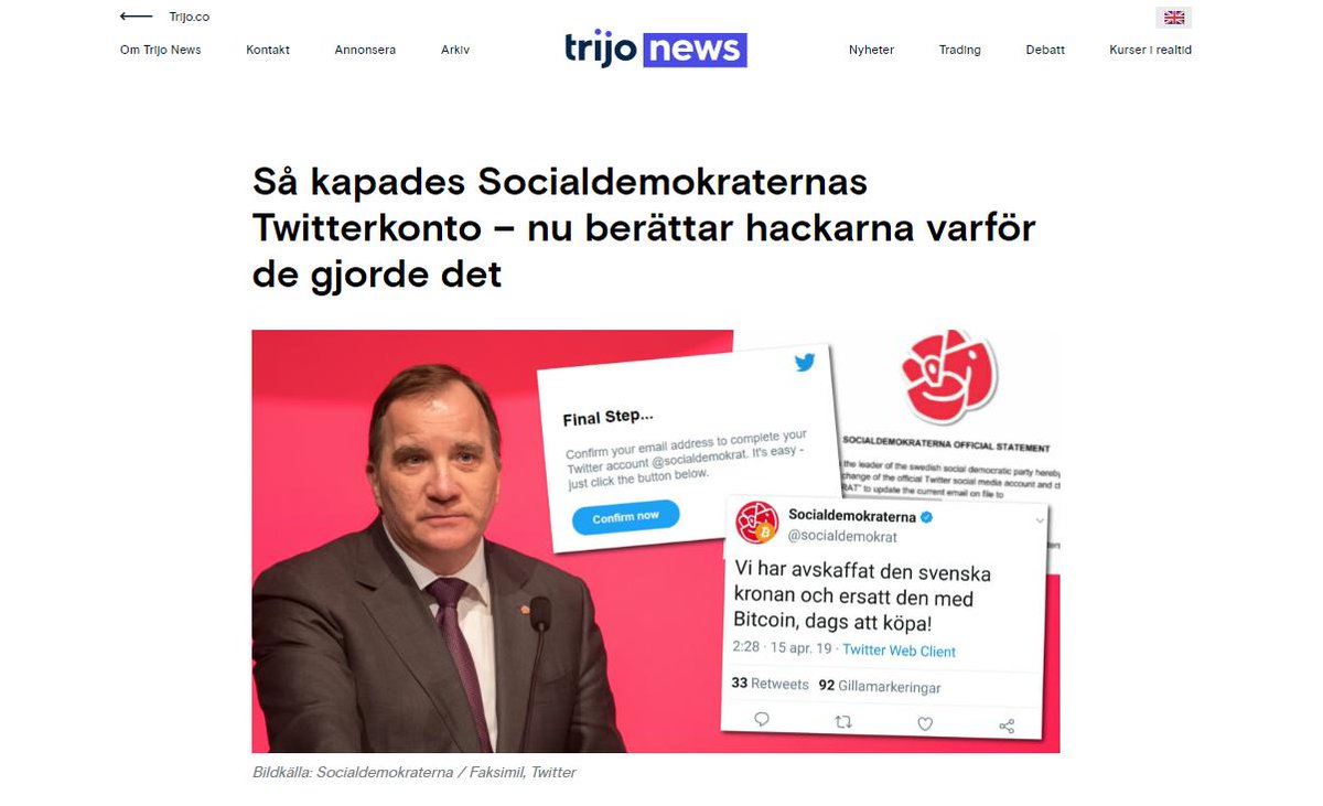 I dag avslöjar @TrijoNews hur det gick till när <a href="/socialdemokrat/">Socialdemokraterna</a>'s Twitterkonto blev kapat, samt varför hackarna gjorde det.

Läs vår exklusiva intervju med hackarna här: news.trijo.co/nyheter/sa-kap… #svpol