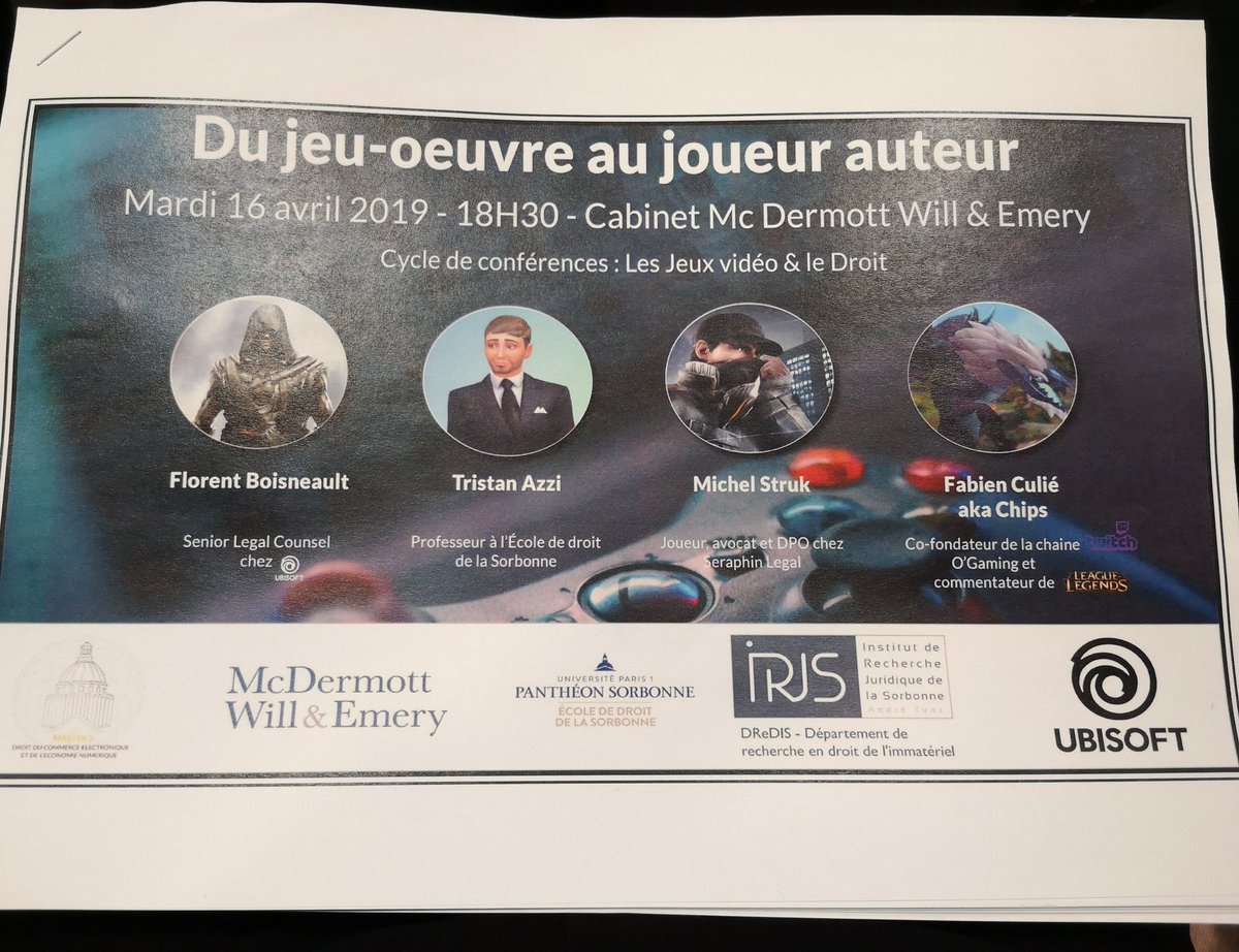 C'est parti pour la conférence "Du jeu-œuvre au joueur auteur" organisée par le M2 DC2EN <a href="/MasterSorbonne/">Master 2 D'N'GO</a> au cabinet McDermott, Will &amp; EMERY! #jeuxvidéo #IPIT 🎮