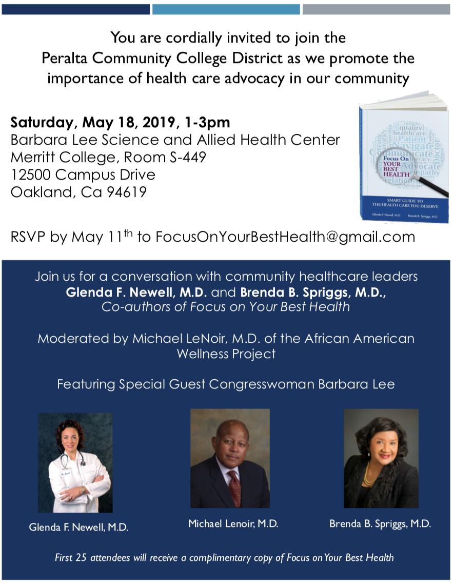 FREE! Focus On Your BEST HEALTH - Sat., May 18 at 1pm in the Barbara Lee Science &amp; Allied Health bldg <a href="/MerrittCollege/">Merritt College</a>-Join the conversation w/ community healthcare leaders - Featuring Special Guest Congresswoman <a href="/RepBarbaraLee/">Rep. Barbara Lee (Archived)</a>