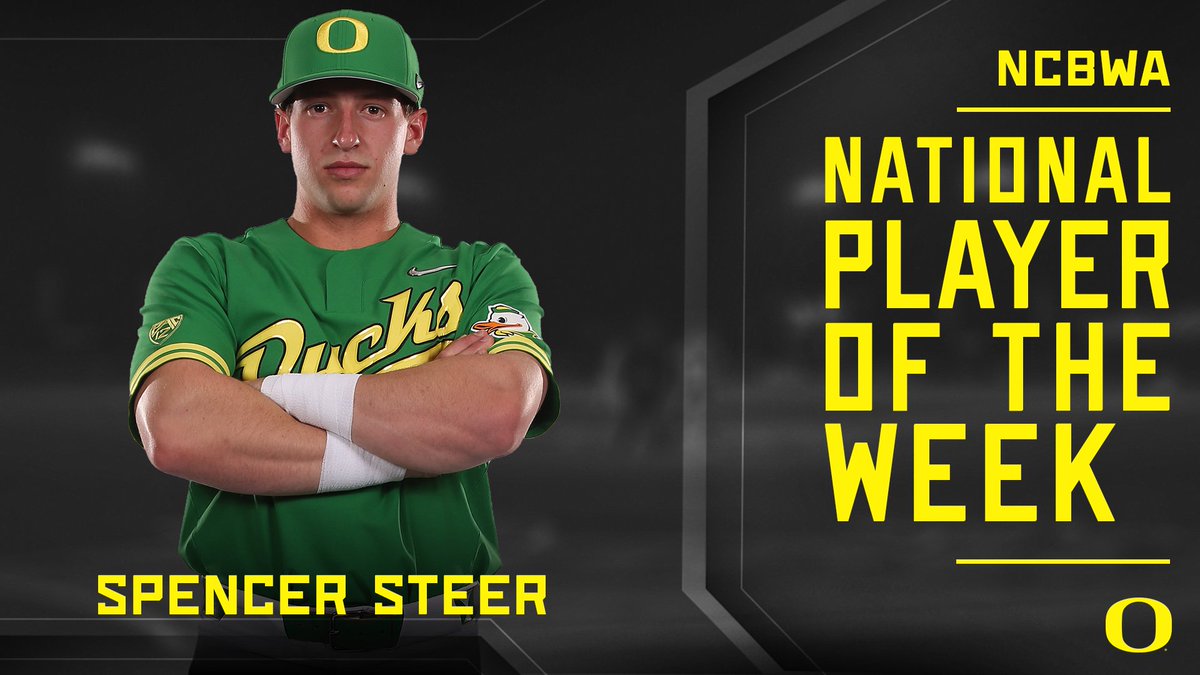 OregonBaseball's tweet photo. More national recognition for @spenc__er. He's named the @NCBWA National Player of the Week for his incredible play at Oregon State and over the weekend at Washington State.

Steer is just the second Oregon player to claim the honor, joining Mitchell Tolman. #GoDucks https://t.co/ya4xg8DdCG