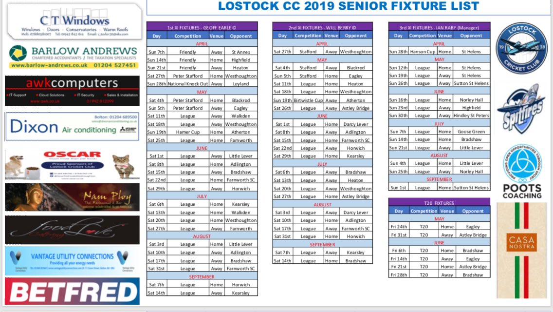 lostockcc's tweet photo. Fixtures are now live https://t.co/ouGs4ZGaD4 

Also be available in booklet format from Sat 27th April

Thanks to @BarlowAndrews @Betfred @awk_computers @dixonaircon @VantageUtilityC @LtdPoots https://t.co/lsAYwFlu3O