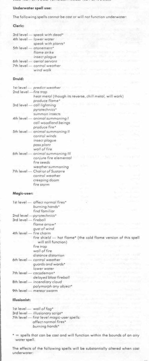 Gygax selects out the spells that won’t function or have altered function underwater, but he leaves open the possibility that you might rule differently. The balance here is just right, a list of relevant spells...