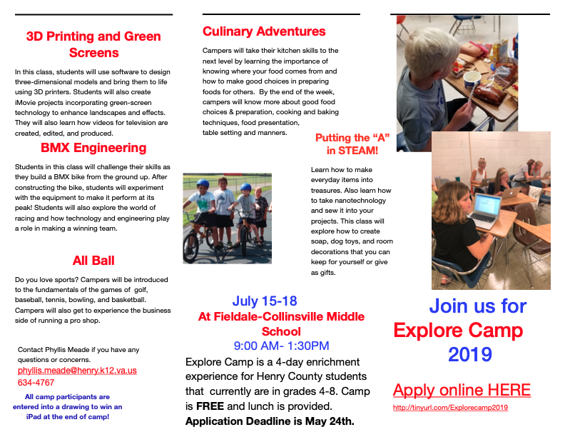 STEM_HenryCoVA's tweet photo. Henry County Students, Join us for Explore Camp 2019!!
Register at https://t.co/0SQtsNPLft 
#Explorecamp2019 https://t.co/GjGWzAXdC3