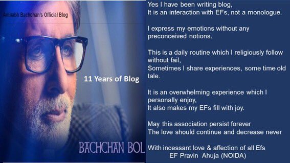 PravsAhuja19's tweet photo. #MyBlogMyEF
Congratulations @SrBachchan Boss
BAADDDUUMMBBAAAA
A poem written on your behalf
Love & Regards~Pravin Ahuja(Noida)
🙏🏻🌷🌷🌺🍀🍀🌹🌸🌸💐💐
https://t.co/wDKwE7Lkmw
#11YearsOfBachchanBol
#11YearsOfABBlog https://t.co/9Bu4uRkzoj