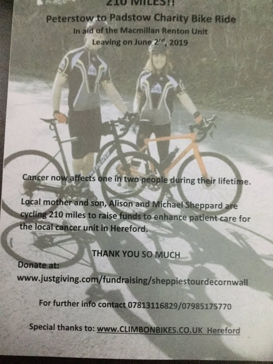 Our lead singer is cycling with his mum from Peterstow Herefordshire to Padstow Cornwall a total of 210 miles. They are raising money for the local Macmillan Renton Unit that treats patients with Cancer. Please support and retweet #oneintwo