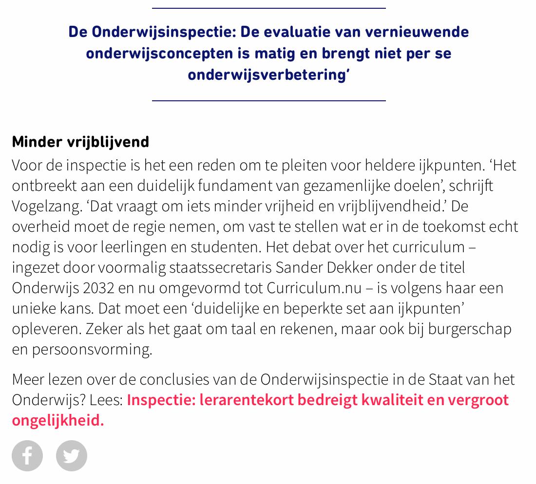 'Nederland is wereldkampioen onderwijsinnovatie' en dat levert 'mooi en vernieuwend onderwijs' op maar de evaluatie van vernieuwend onderwijsconcepten is matig en brengt niet per se onderwijsverbetering (aldus de Onderwijsinspectie). aob.nl/nieuws/veel-on…